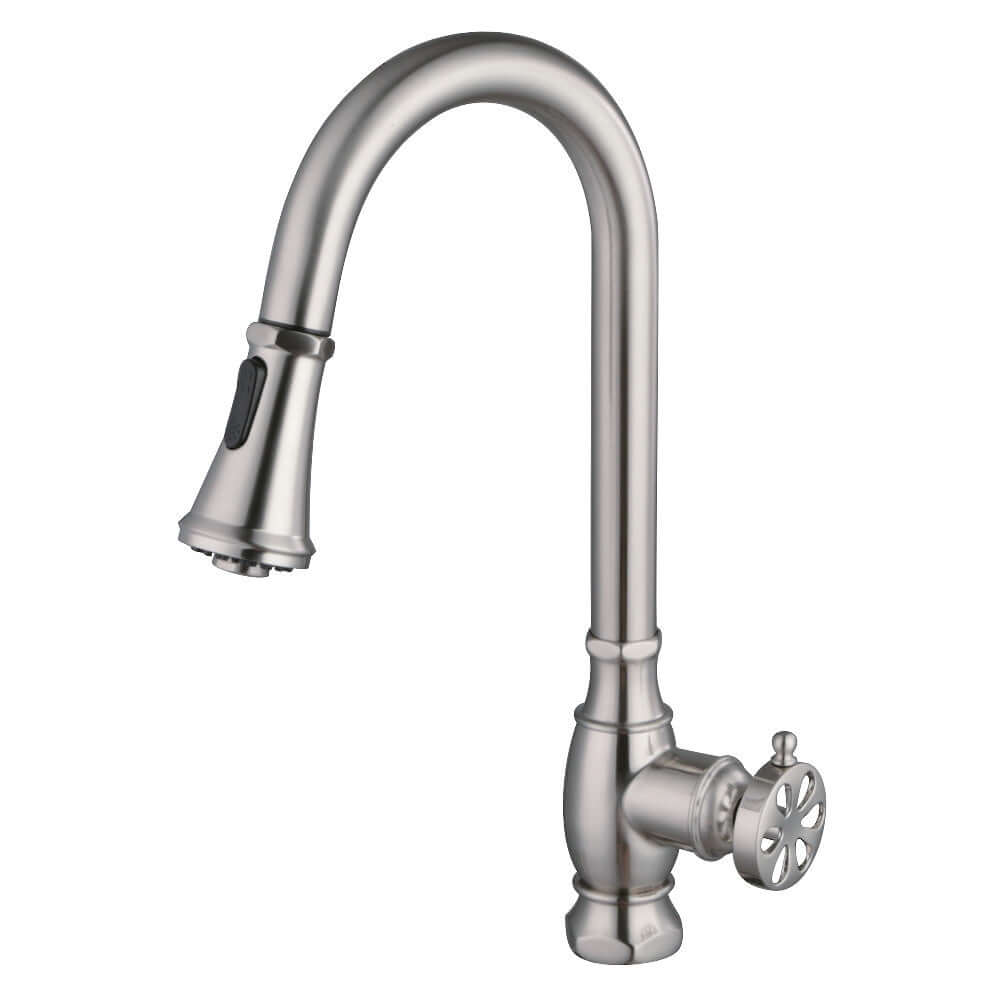 Kingston Brass LS8693RX Belknap Pull-Down Kitchen Faucet right side view with whimsical wheel handle in brushed nickel finish.