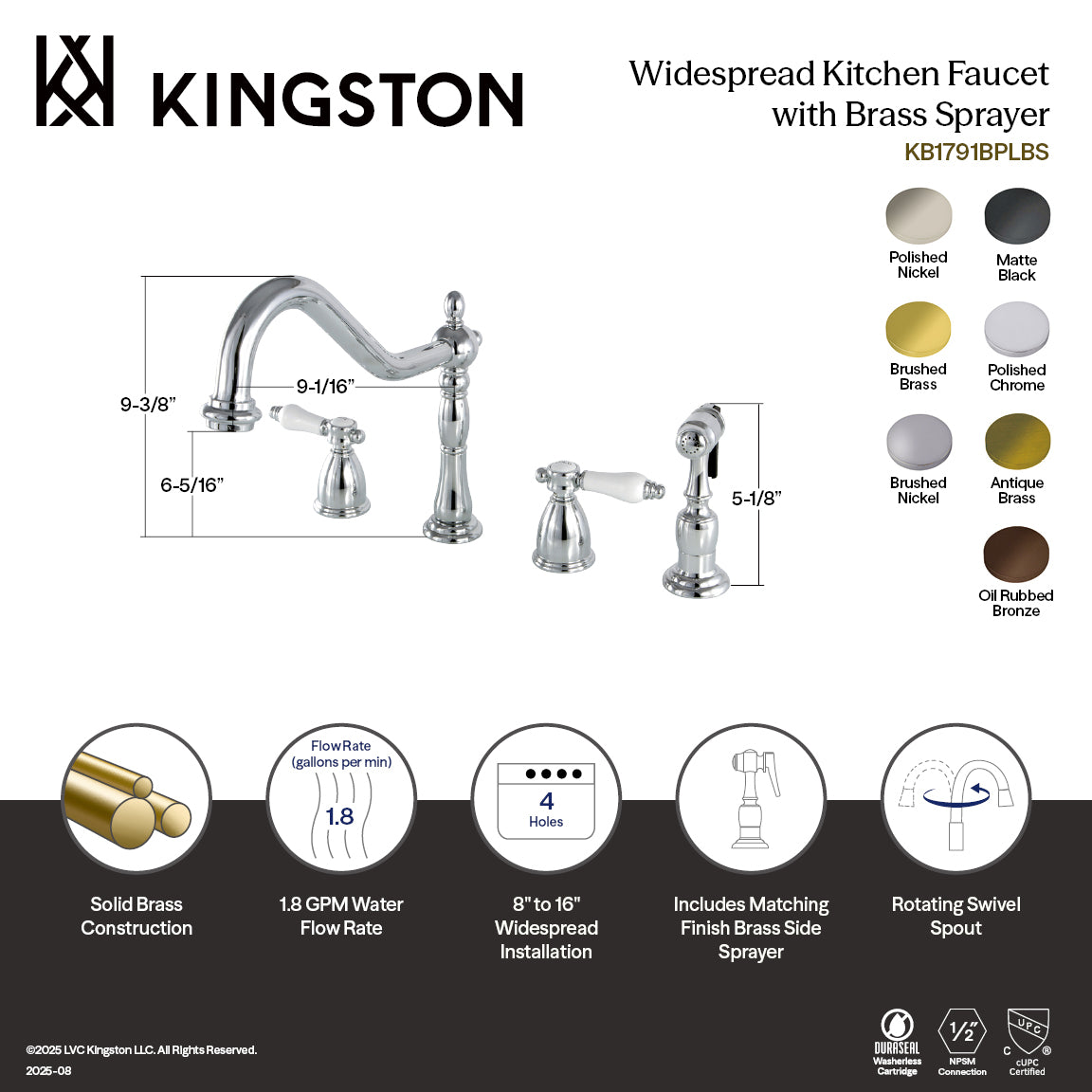 Kingston Brass KB1793BPLBS Bel-Air Double-Handle Widespread Kitchen Faucet with Brass Sprayer, Antique Brass