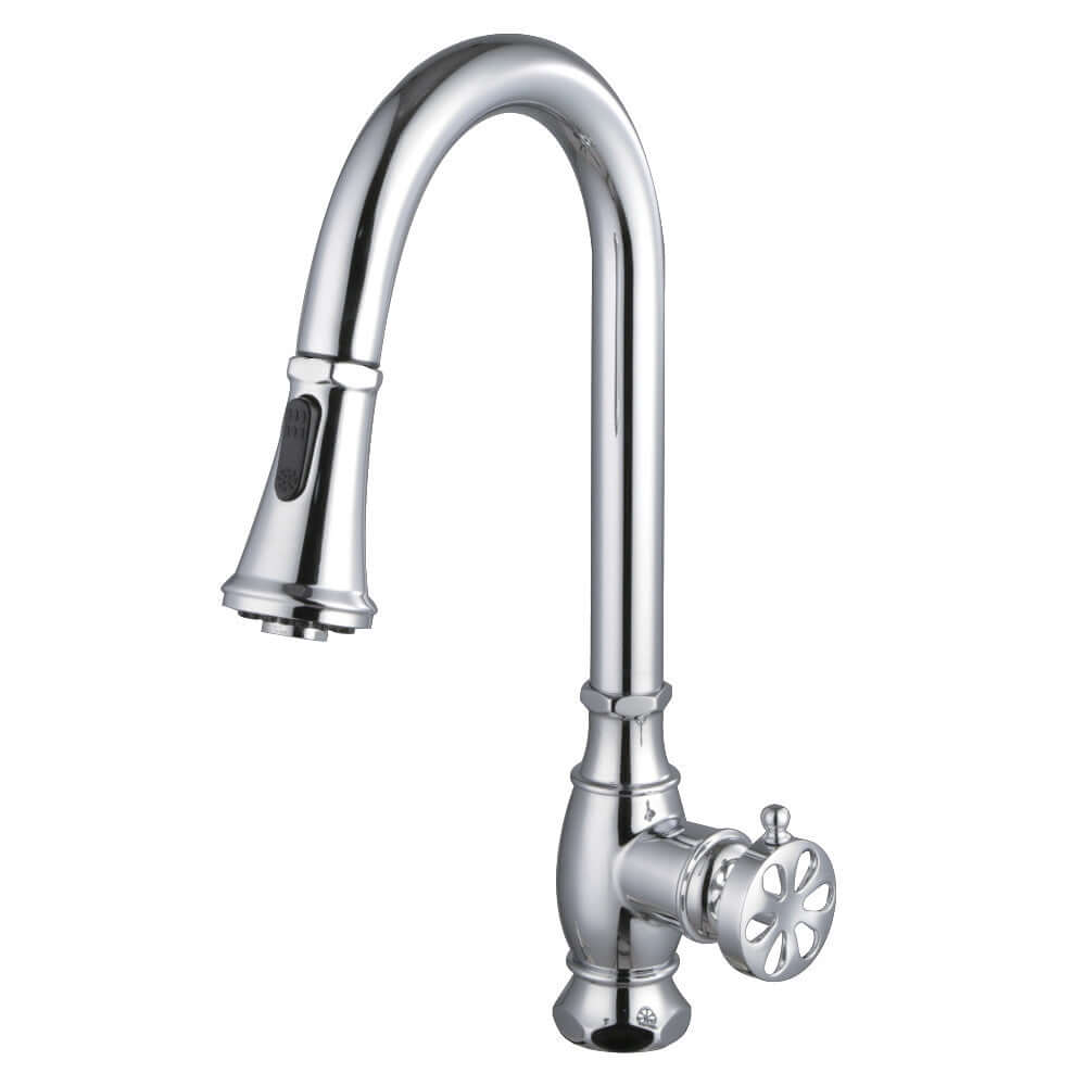 Kingston Brass LS8693RX Belknap Pull-Down Kitchen Faucet right side view showcasing traditional nautical design and wheel handle.