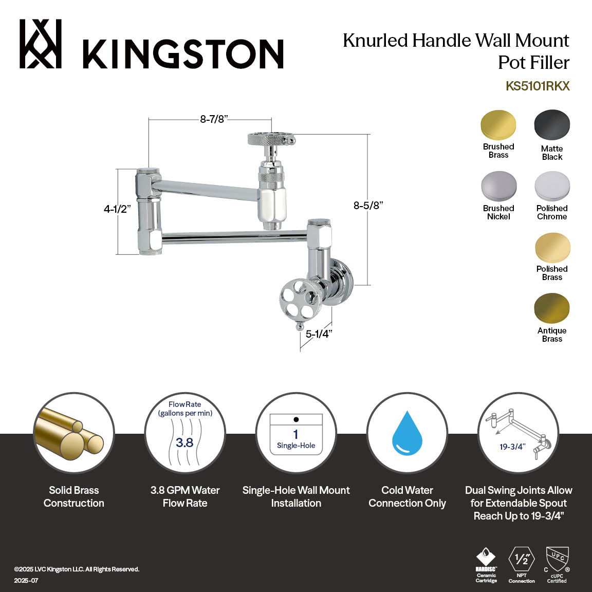 Kingston Brass KS5103RKX Webb Wall Mount Pot Filler Faucet with Knurled Handle, Antique Brass image showcasing dimensions and features.