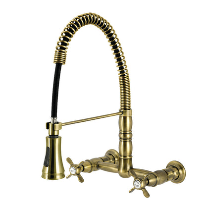 Kingston Brass GS1243BEX Essex Double-Handle Wall-Mount Pre-Rinse Bridge Kitchen Faucet, Antique Brass