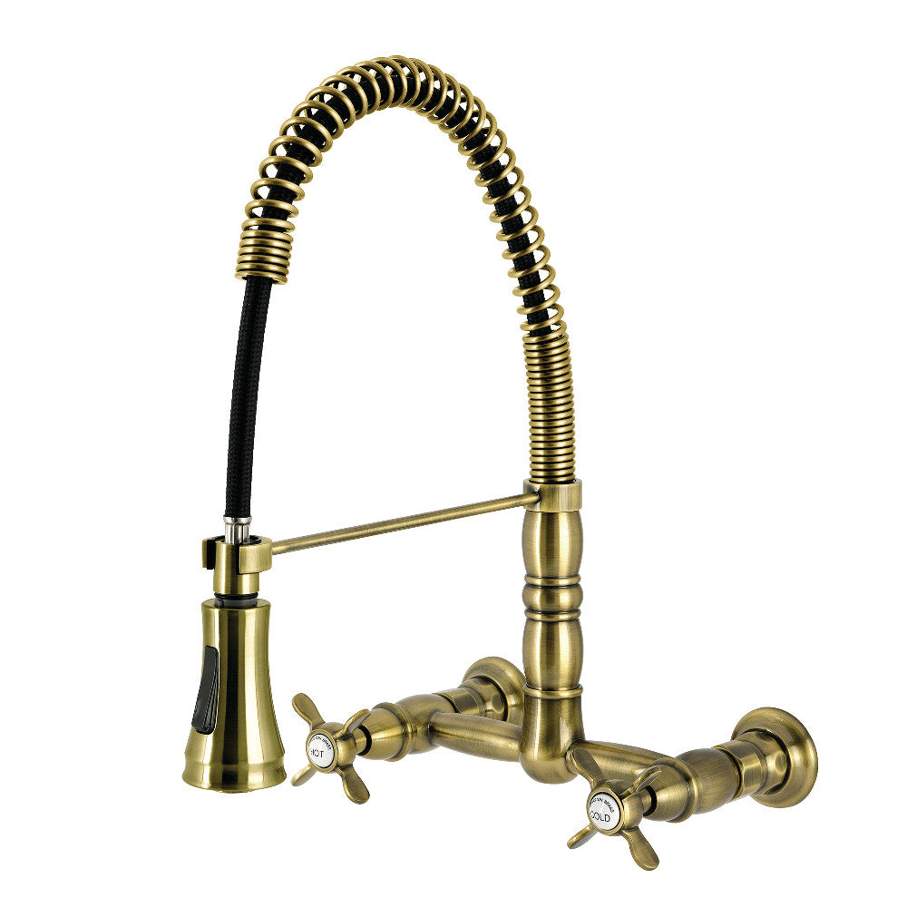 Kingston Brass GS1243BEX Essex Double-Handle Wall-Mount Pre-Rinse Bridge Kitchen Faucet, Antique Brass
