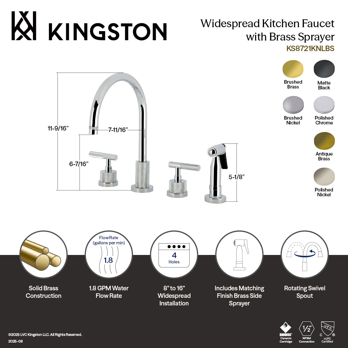 Kingston Brass KS8723KNLBS Convergent Double-Handle Widespread Kitchen Faucet with Knurled Handle and Brass Sprayer, Antique Brass