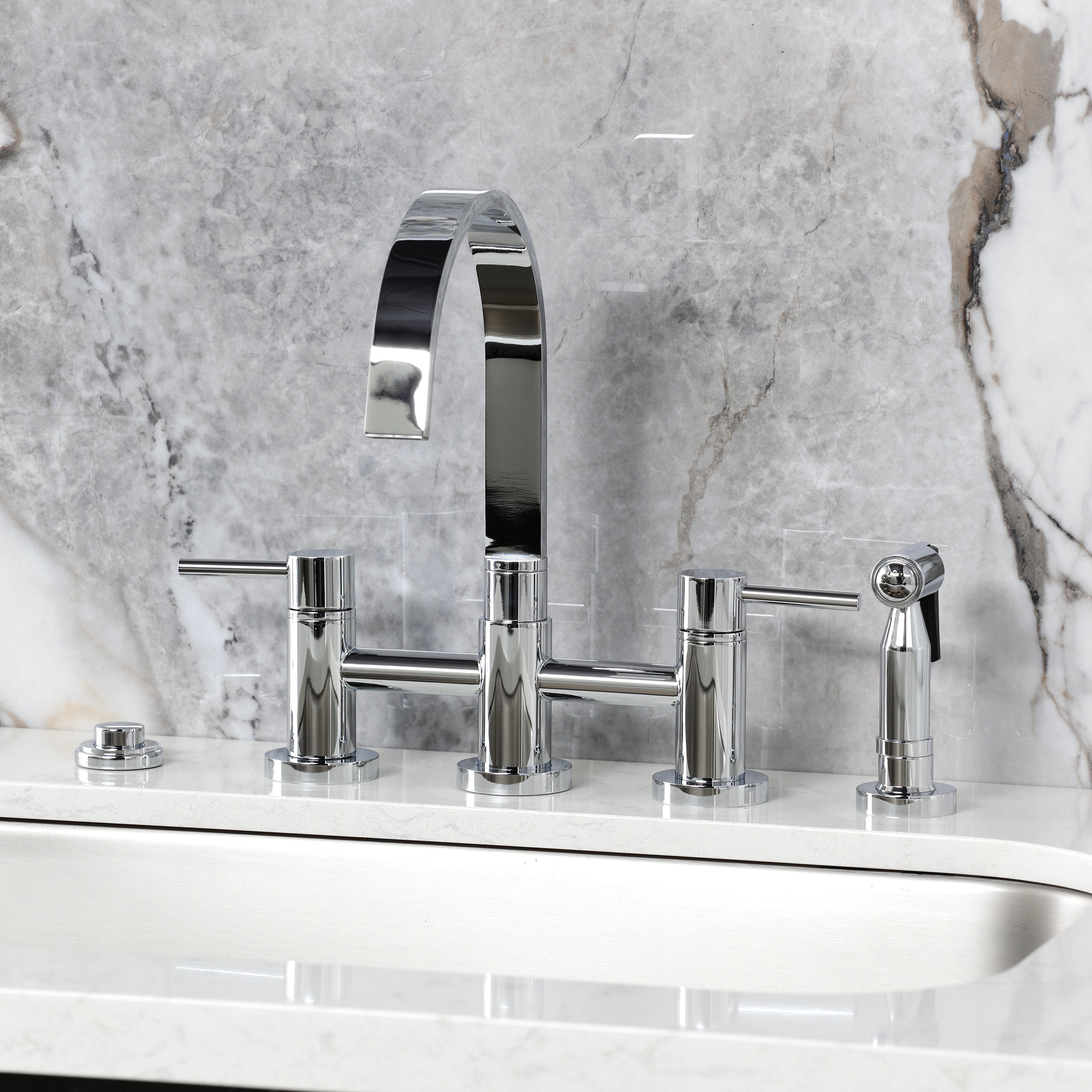 Kingston KS8267DLBS Concord Bridge Kitchen Faucet with Brass Sprayer, Brushed Brass