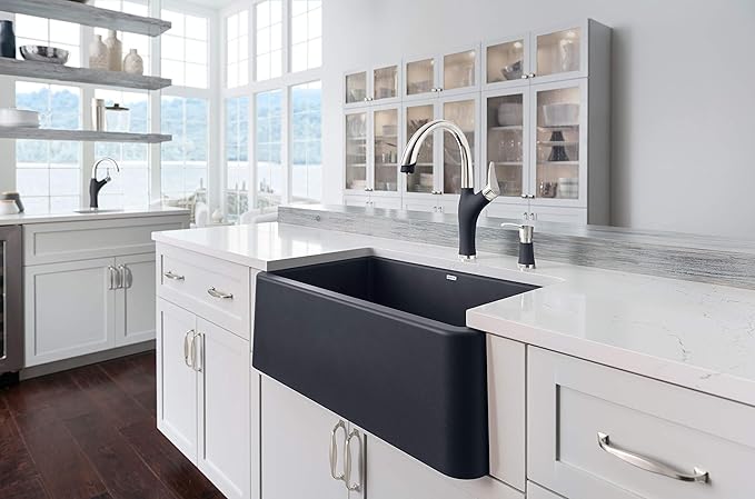BLANCO Artona Pull-Down Dual-Spray Kitchen Faucet in a modern kitchen with a farmhouse sink