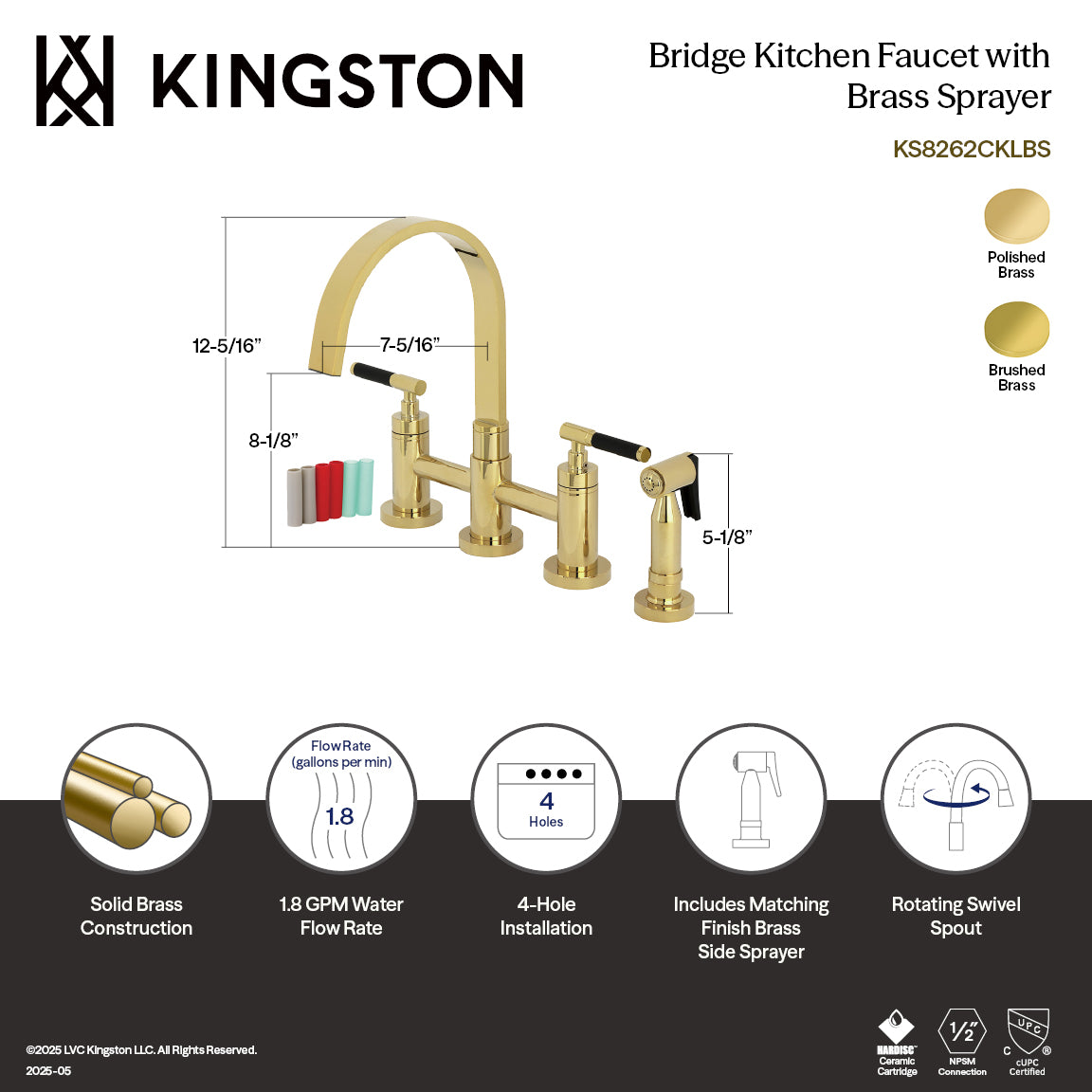 Kingston KS8267CKLBS Kaiser Bridge Kitchen Faucet with Brass Sprayer, Brushed Brass features solid brass construction and modern design.
