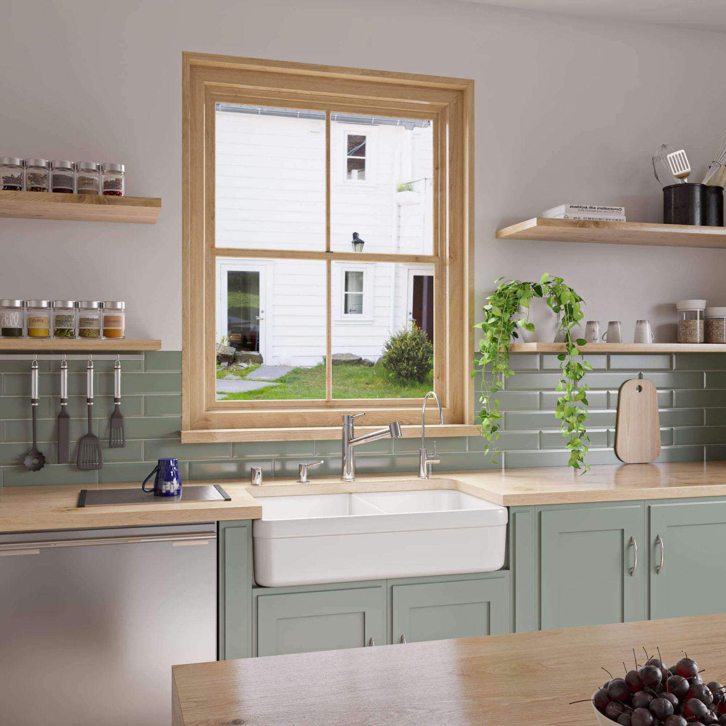 ALFI brand AB512 32" Double Bowl Fireclay Farmhouse Sink in a modern kitchen setting with green cabinets and natural light.