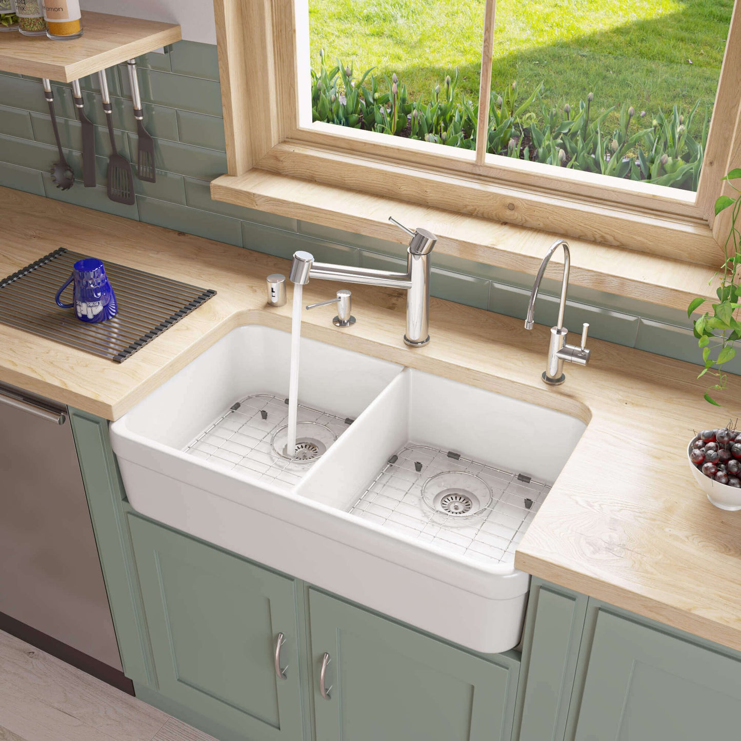 ALFI brand AB512 32" Double Bowl Fireclay Farmhouse Sink in modern kitchen design with double bowls.