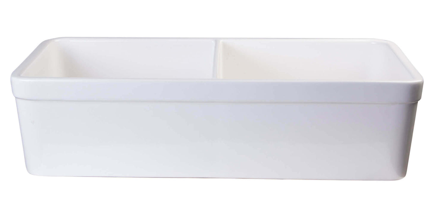 ALFI brand AB512 32" Double Bowl Fireclay Farmhouse Sink shown in a side view with two equal bowls.