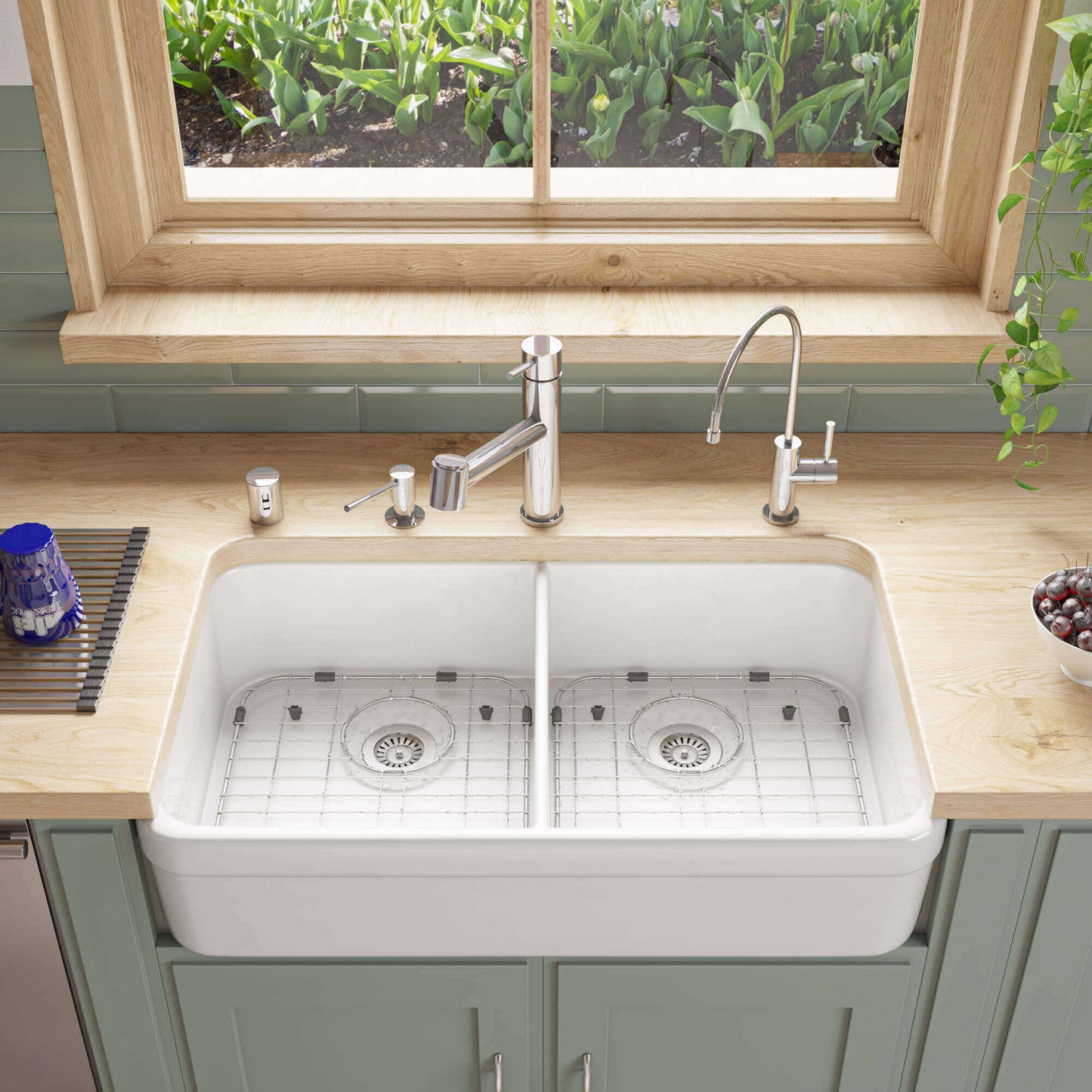 ALFI brand AB512 32" Double Bowl Fireclay Farmhouse Sink in a beautifully designed kitchen setting with modern faucet.