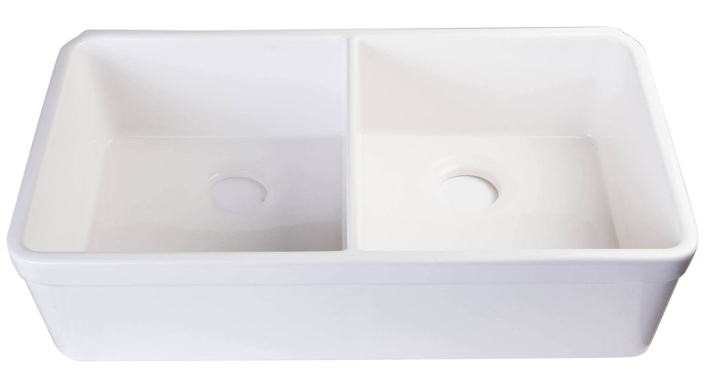 ALFI brand AB512 32" Double Bowl Fireclay Farmhouse Sink, featuring two equal-sized bowls for versatile kitchen functionality.