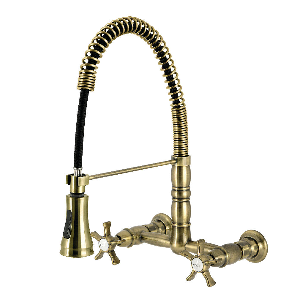 Kingston Brass GS1243NX Hamilton Double-Handle Wall-Mount Pre-Rinse Bridge Kitchen Faucet, Antique Brass