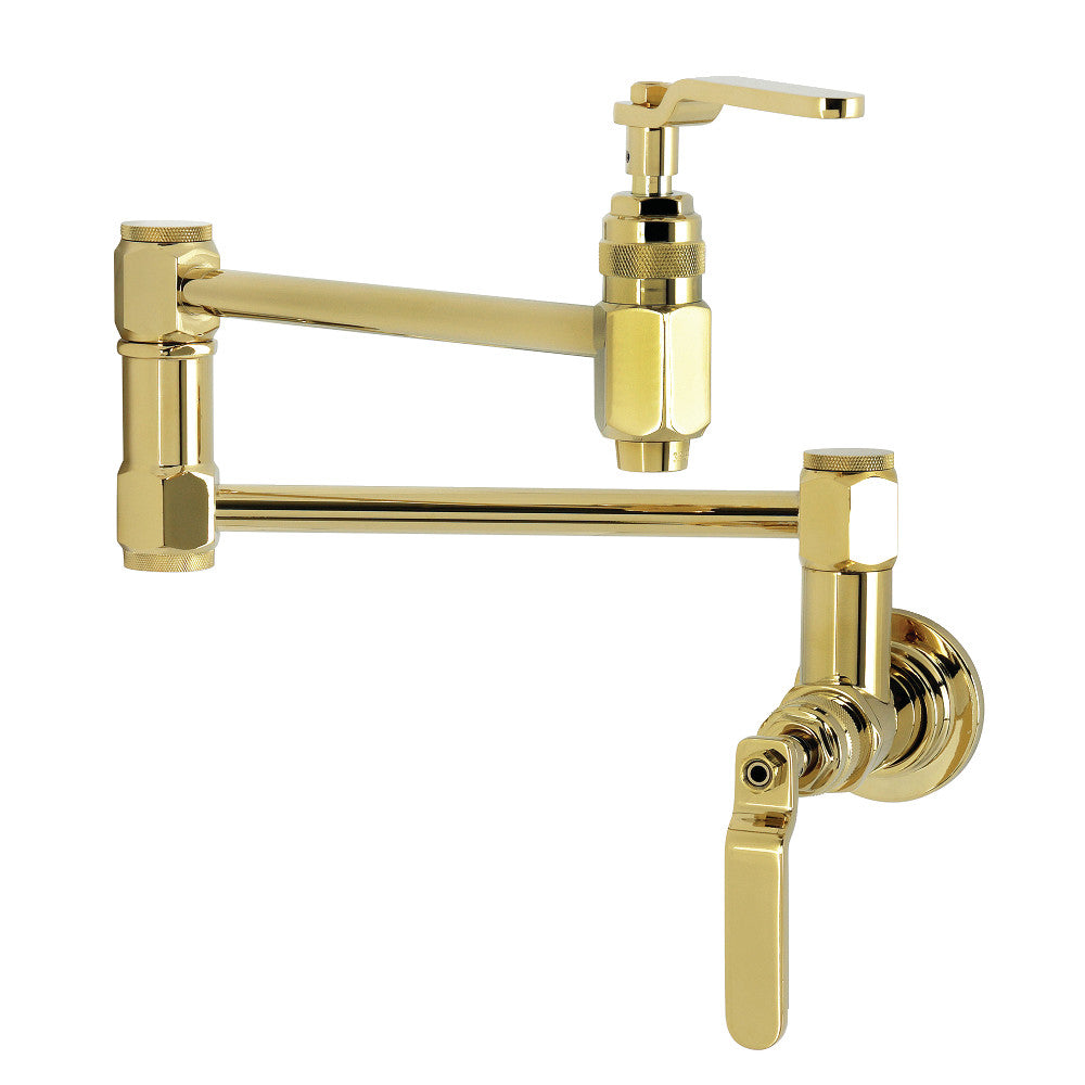 Kingston Brass KS5103KL Whitaker Wall Mount Pot Filler Faucet, Antique Brass with industrial lever handles.