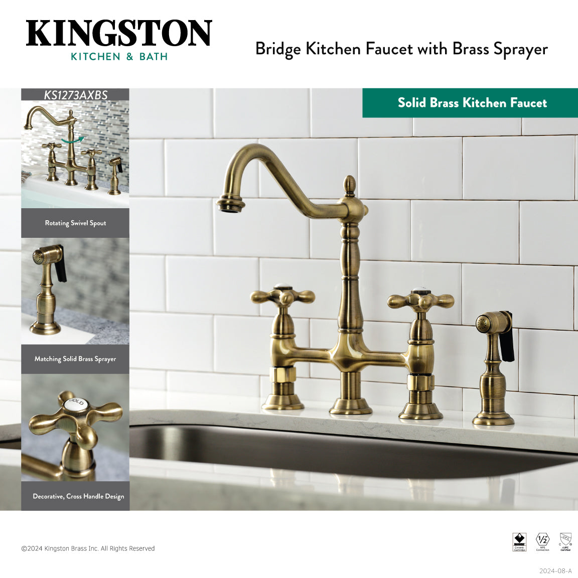 Kingston KS1273AXBS Heritage Bridge Kitchen Faucet with Brass Sprayer, Antique Brass featuring a solid brass design.