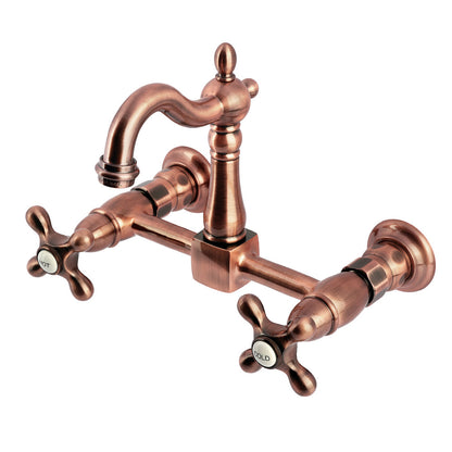 Kingston KS2443AX Heritage Two-Handle Wall Mount Bridge Kitchen Faucet, Antique Brass with swivel Victorian spout.