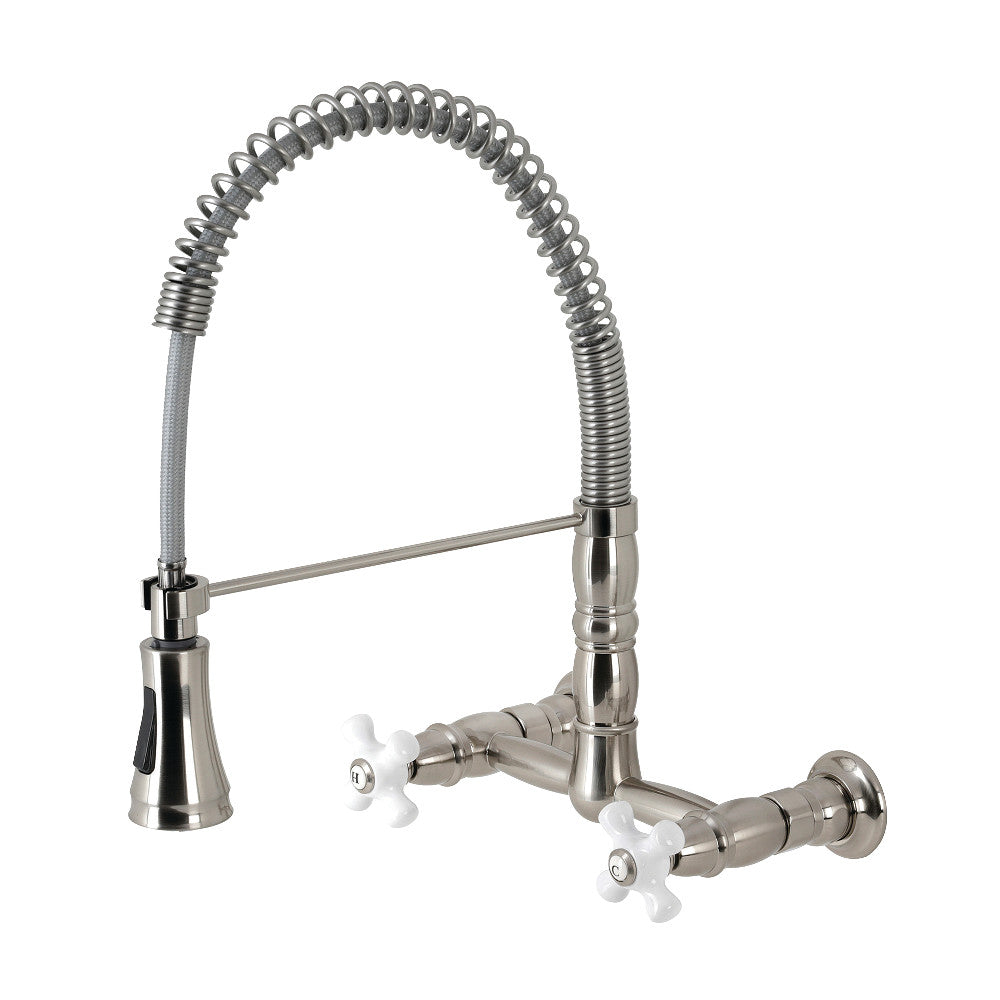 Gourmetier GS1243PX Heritage Double-Handle Wall-Mount Pre-Rinse Bridge Kitchen Faucet, Antique Brass in Brushed Nickel Finish