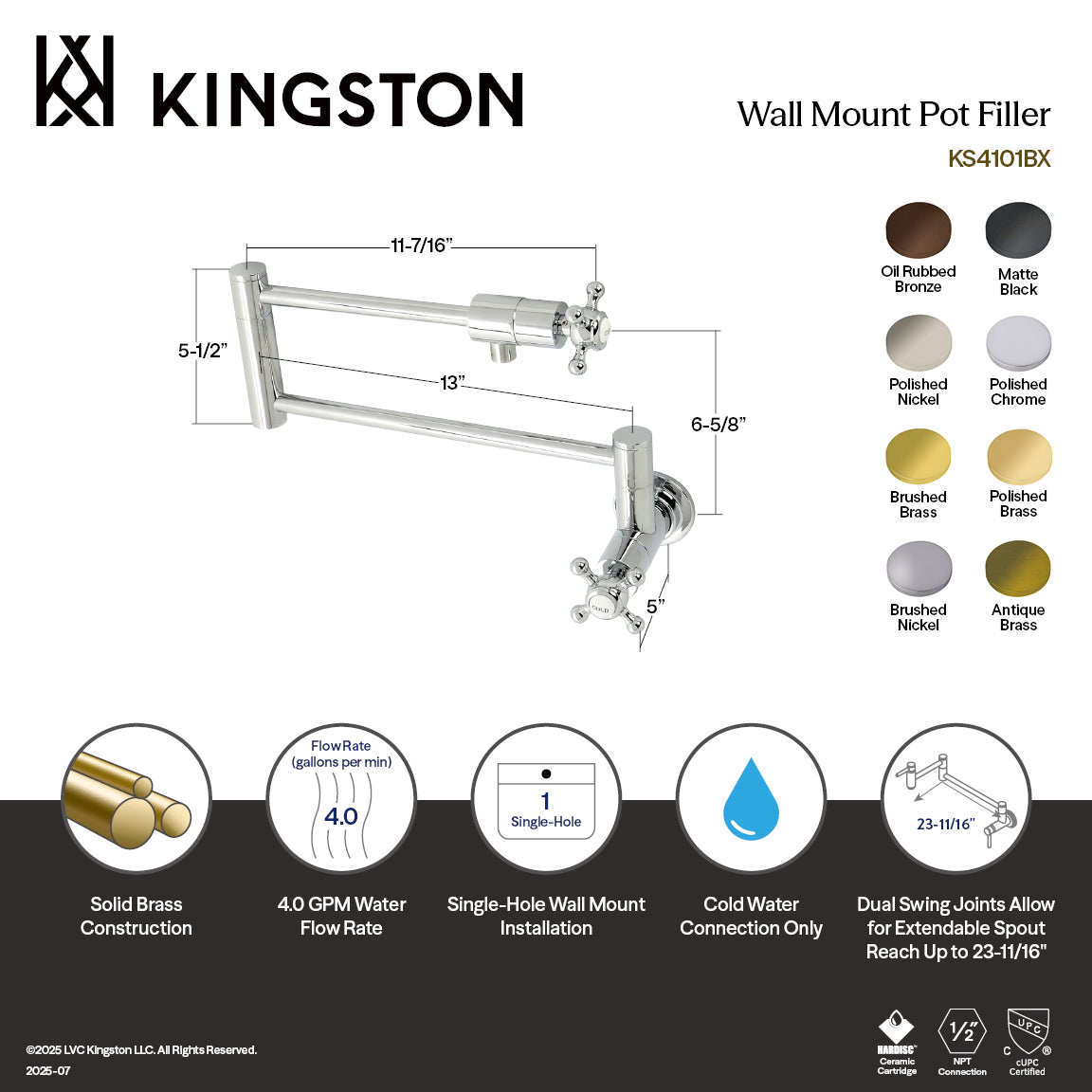 Kingston Brass KS4103BX Metropolitan Wall Mount Pot Filler Faucet, Antique Brass dimensions and features diagram.