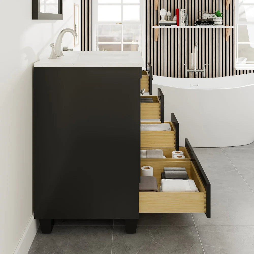 Side view of 30" Eviva Acclaim single sink vanity in Espresso showing dovetail drawers