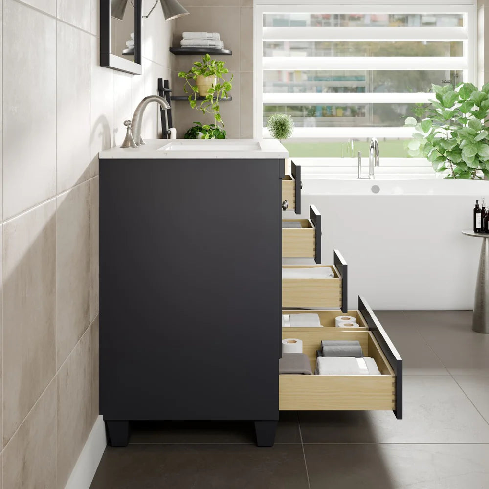 Side view of 30" Eviva Acclaim single sink vanity in dark gray showing dovetail drawers
