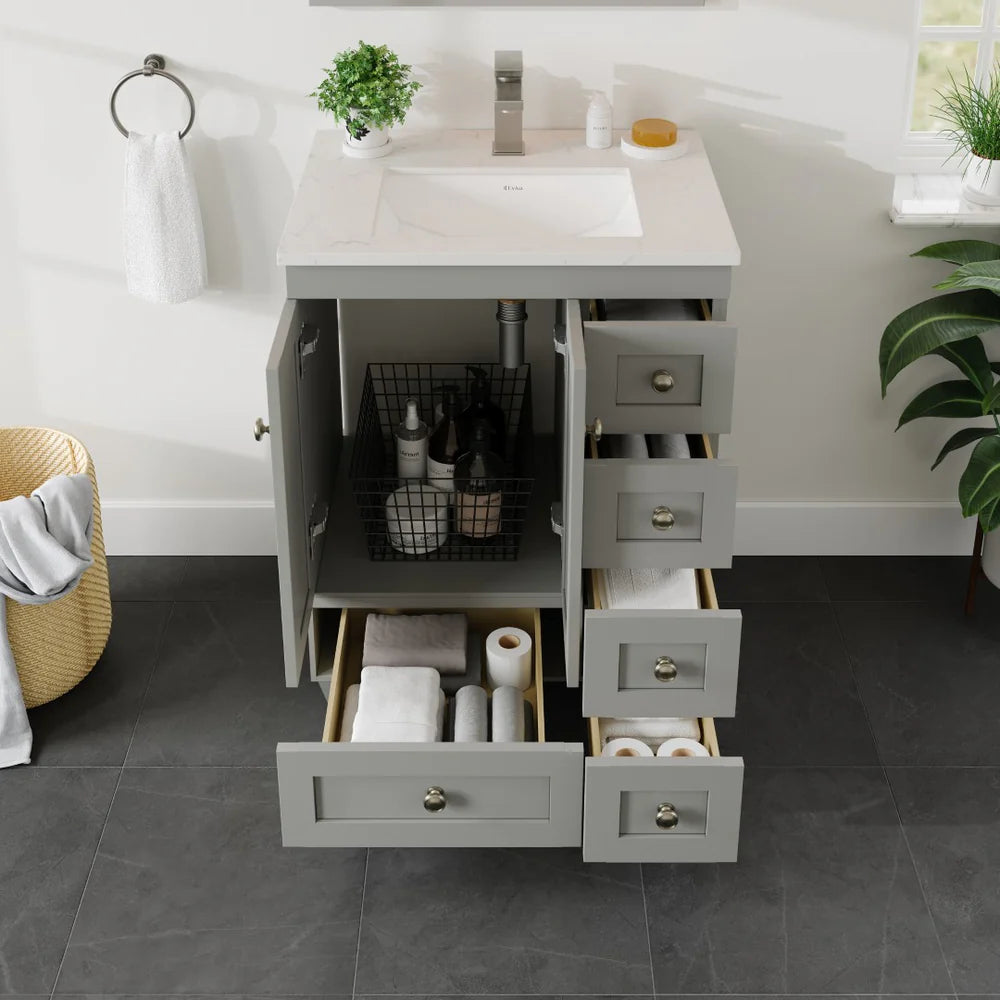 Front view of Eviva Acclaim single sink vanity in gray featuring storage ability