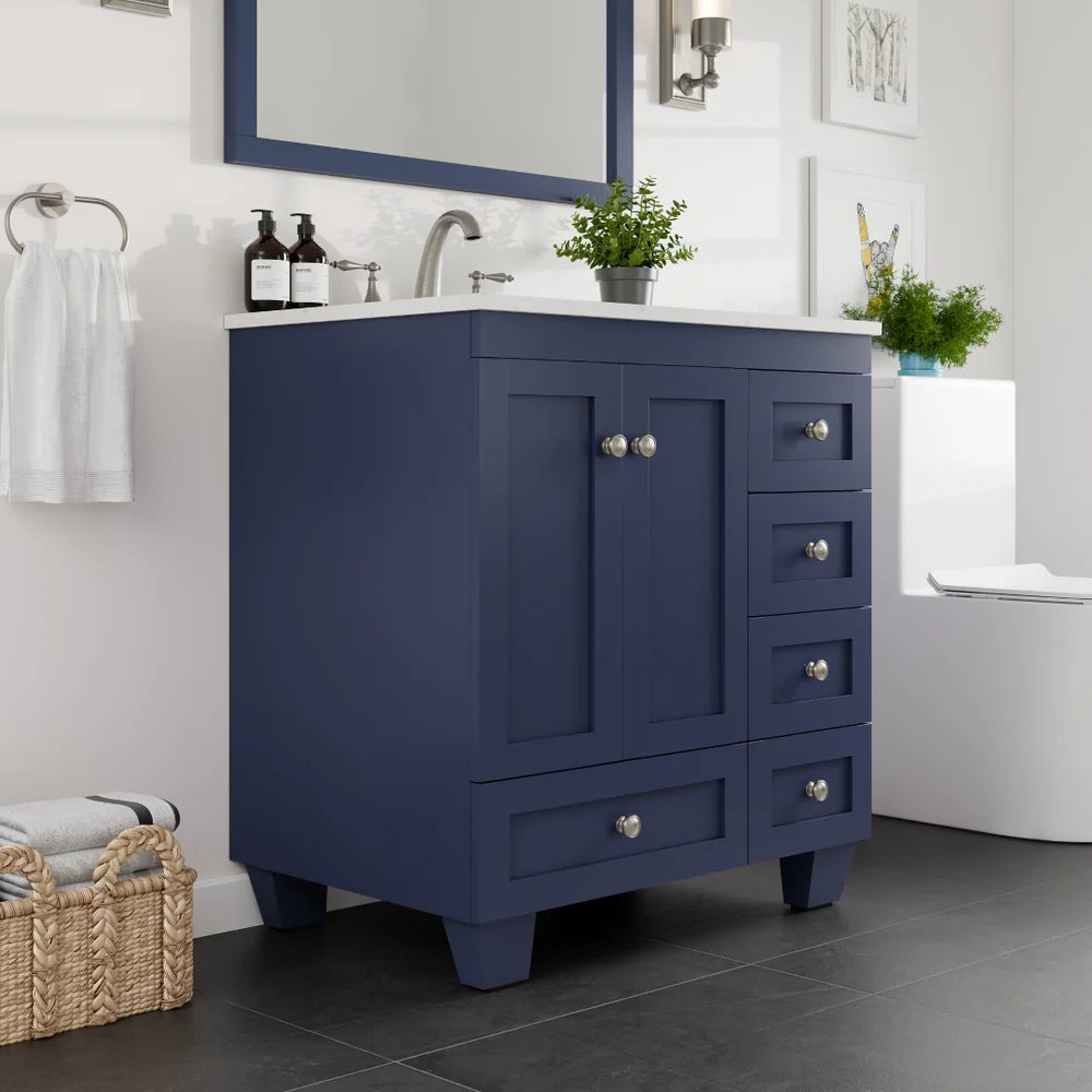 Lifestyle image of a blue Eviva Acclaim 30" single sink vanity in traditional bathroom