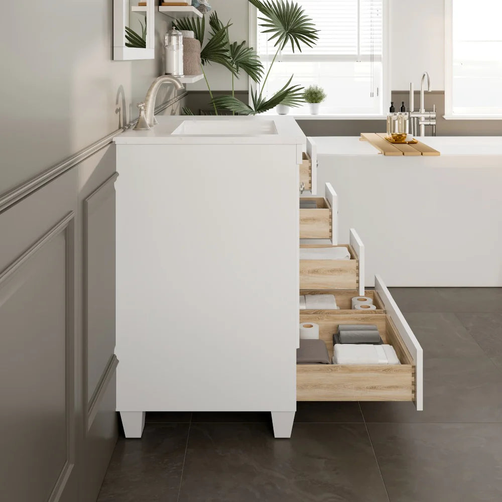 Side view of 30" Eviva Acclaim single sink vanity in white showing drawers