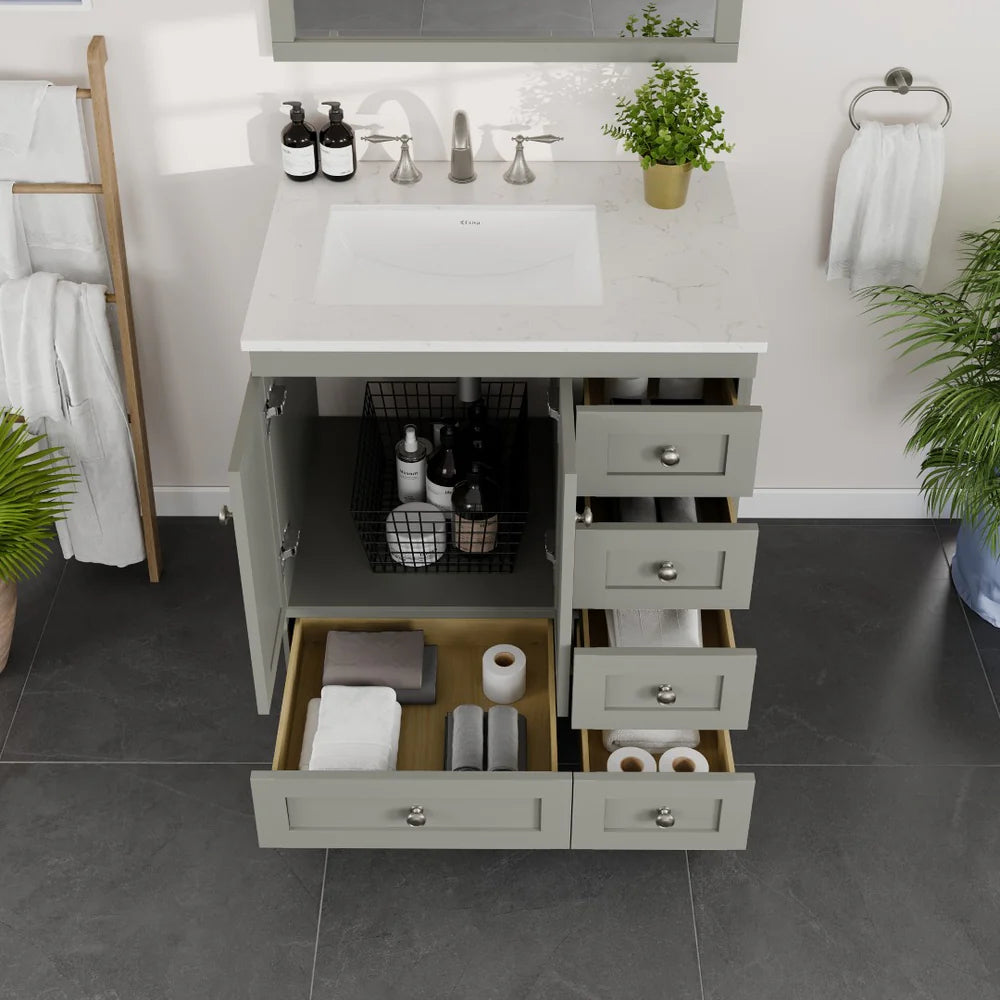Front view of Eviva Acclaim 30" single sink bathroom vanity in gray with Carrara Quartz top showing  storage capacity