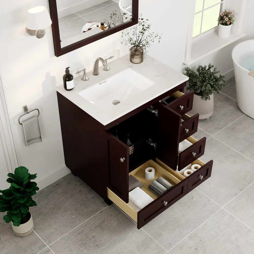 Top view of Eviva Acclaim 30" single sink bathroom vanity in Teak with Carrara Quartz top showing  storage capacity