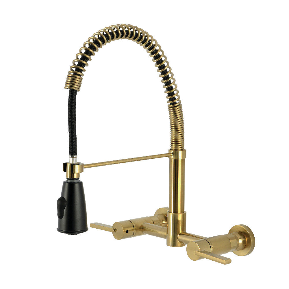 Kingston Brass GS8287CTL Continental Double-Handle Wall-Mount Pre-Rinse Bridge Kitchen Faucet, Brushed Brass