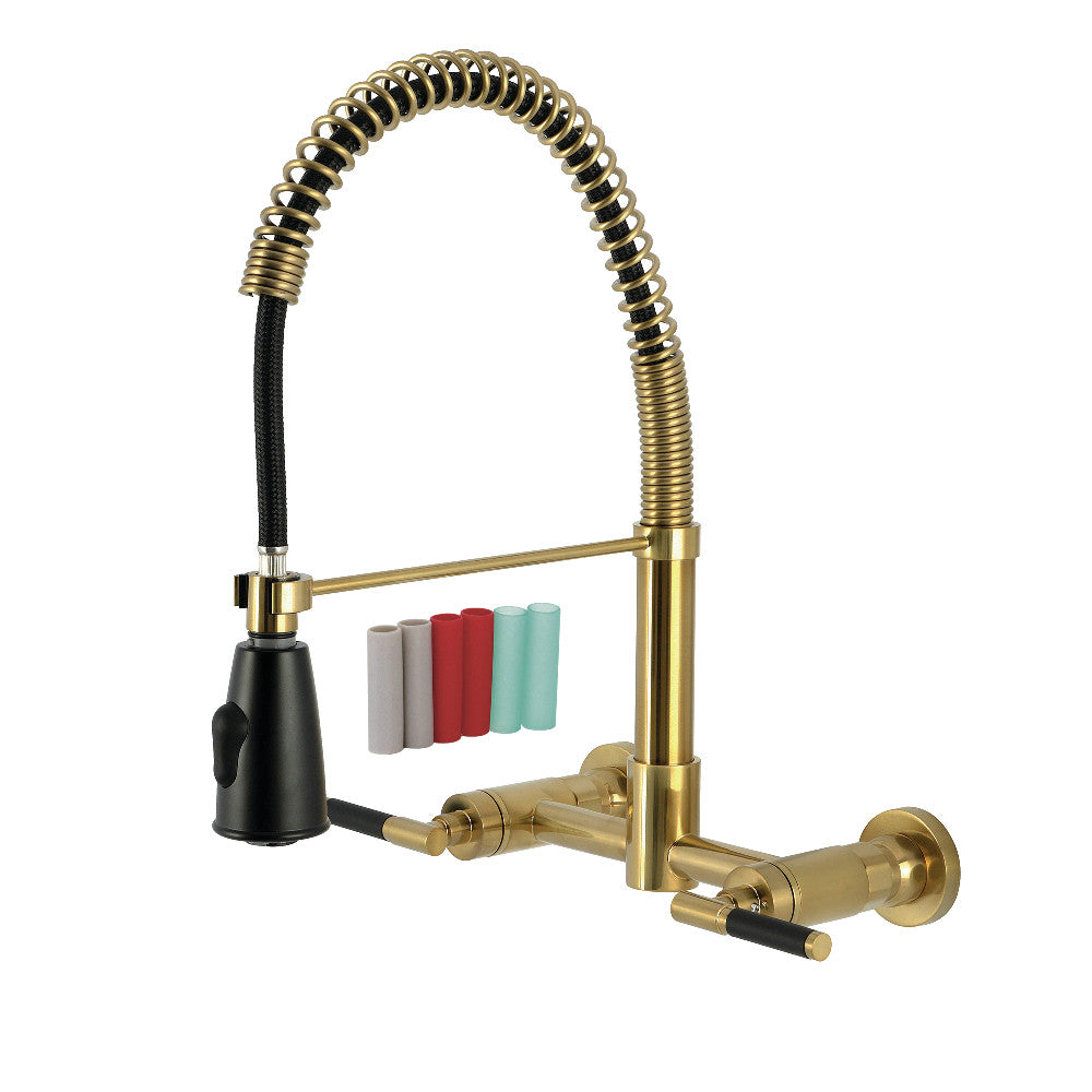 Kingston Brass GS8287CKL Kaiser Double-Handle Wall-Mount Pre-Rinse Bridge Kitchen Faucet, Brushed Brass with spring spout