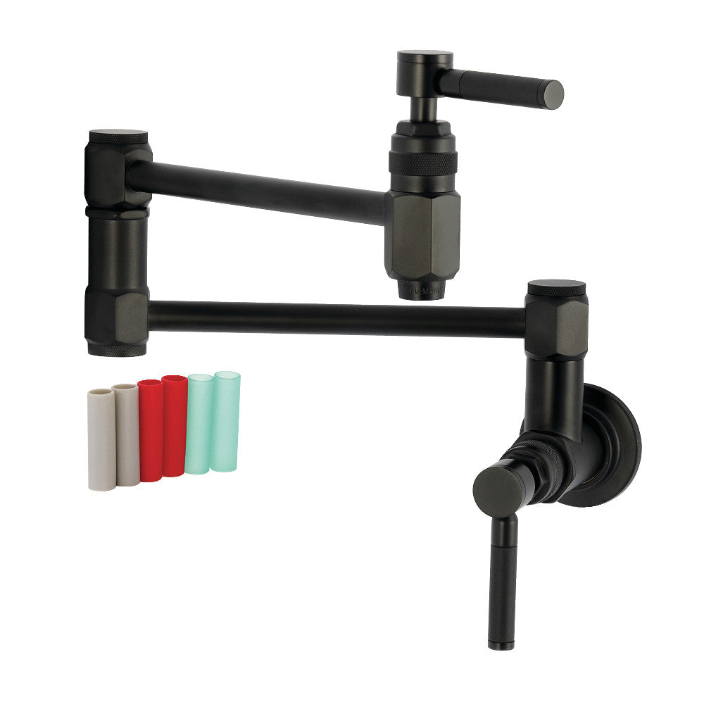 Kingston Brass KS5107DKL Kaiser Wall Mount Pot Filler Faucet, Brushed Brass with matte black finish and colorful neoprene inserts