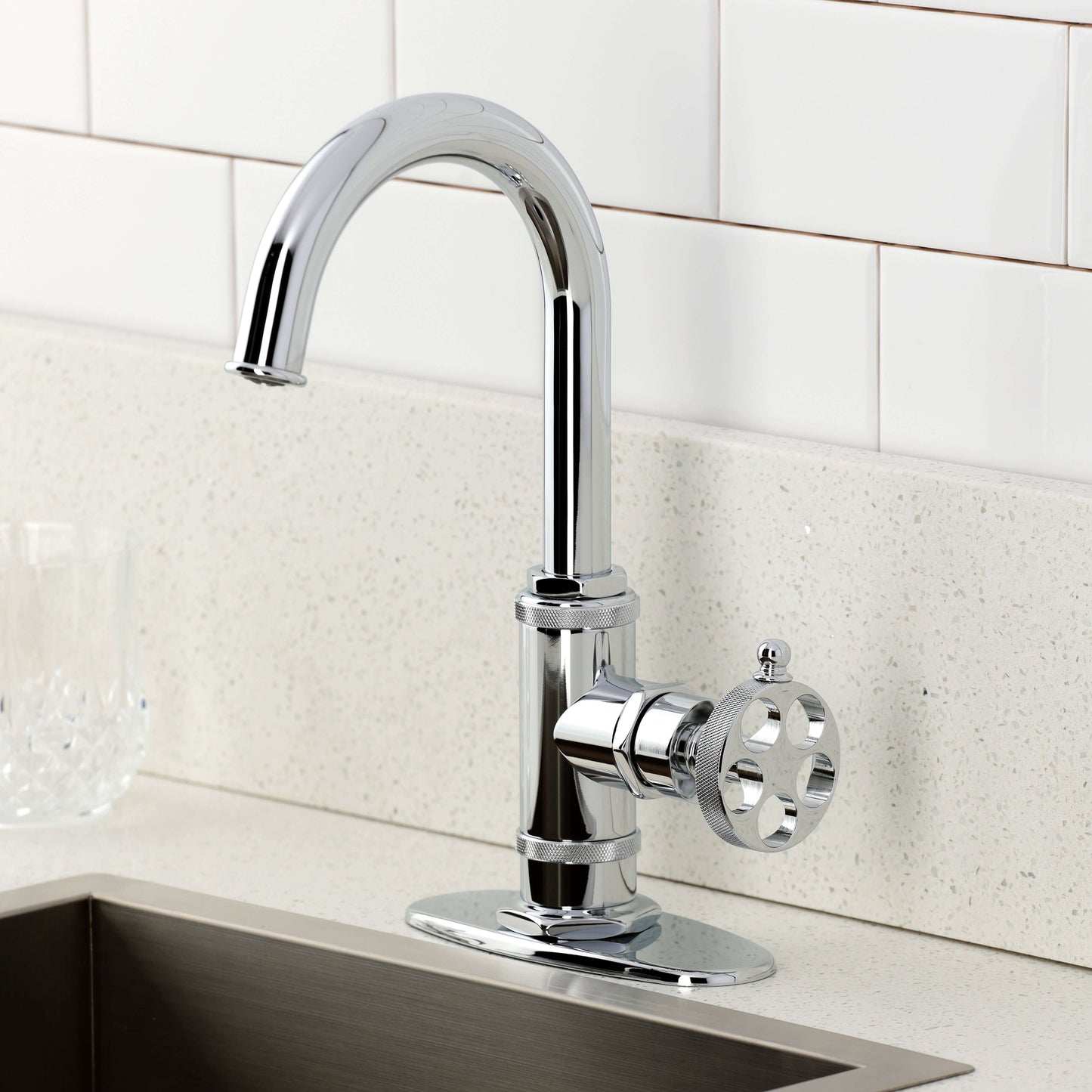 Kingston Brass KSD8503RKZ Wendell Single-Handle Bar Faucet with Knurled Handle, Antique Brass in a modern kitchen setting