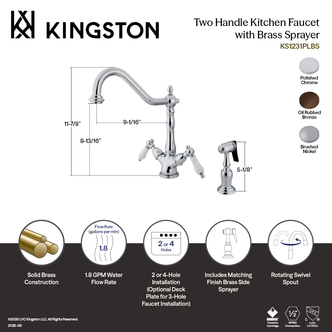 Kingston KS1238PLBS Heritage Two-Handle Kitchen Faucet with Brass Sprayer, Brushed Nickel in polished chrome finish