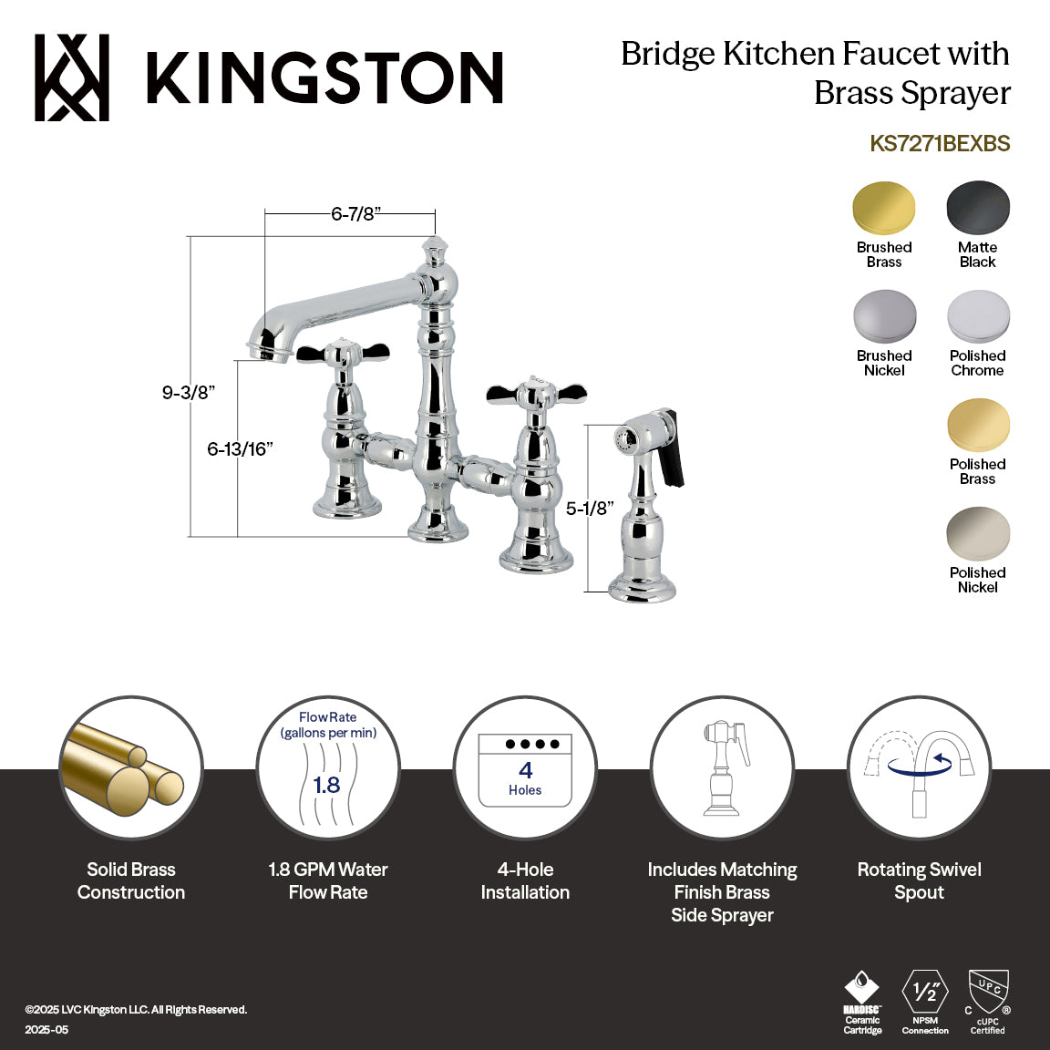 Kingston KS7277BEXBS Essex Bridge Kitchen Faucet with Brass Sprayer, Brushed Brass in polished chrome finish