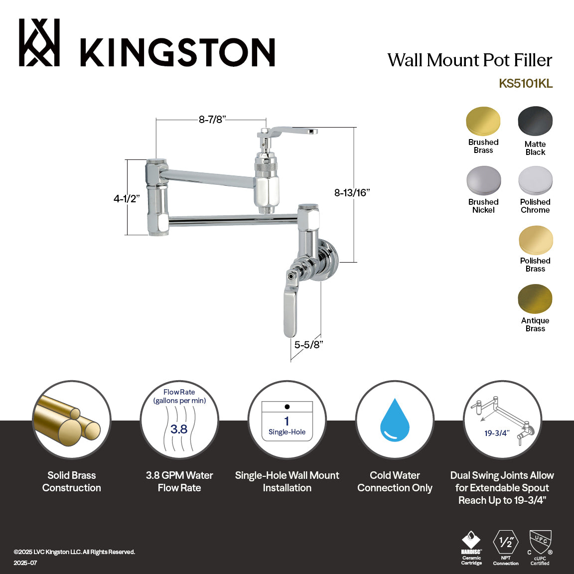 Kingston Brass KS5103KL Whitaker Wall Mount Pot Filler Faucet, Antique Brass with dimensions and features outlined.