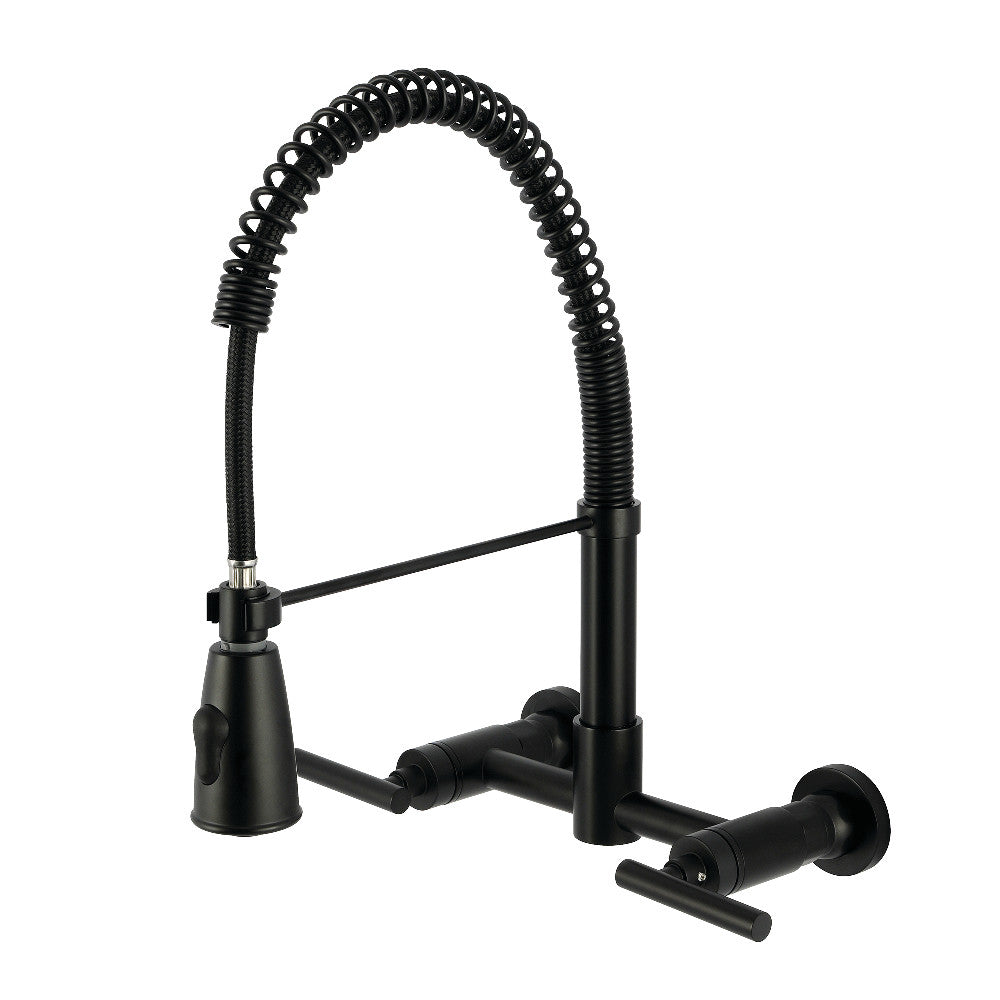 Kingston Brass GS8287CML Manhattan Double-Handle Wall-Mount Pre-Rinse Bridge Kitchen Faucet, Brushed Brass in matte black finish.
