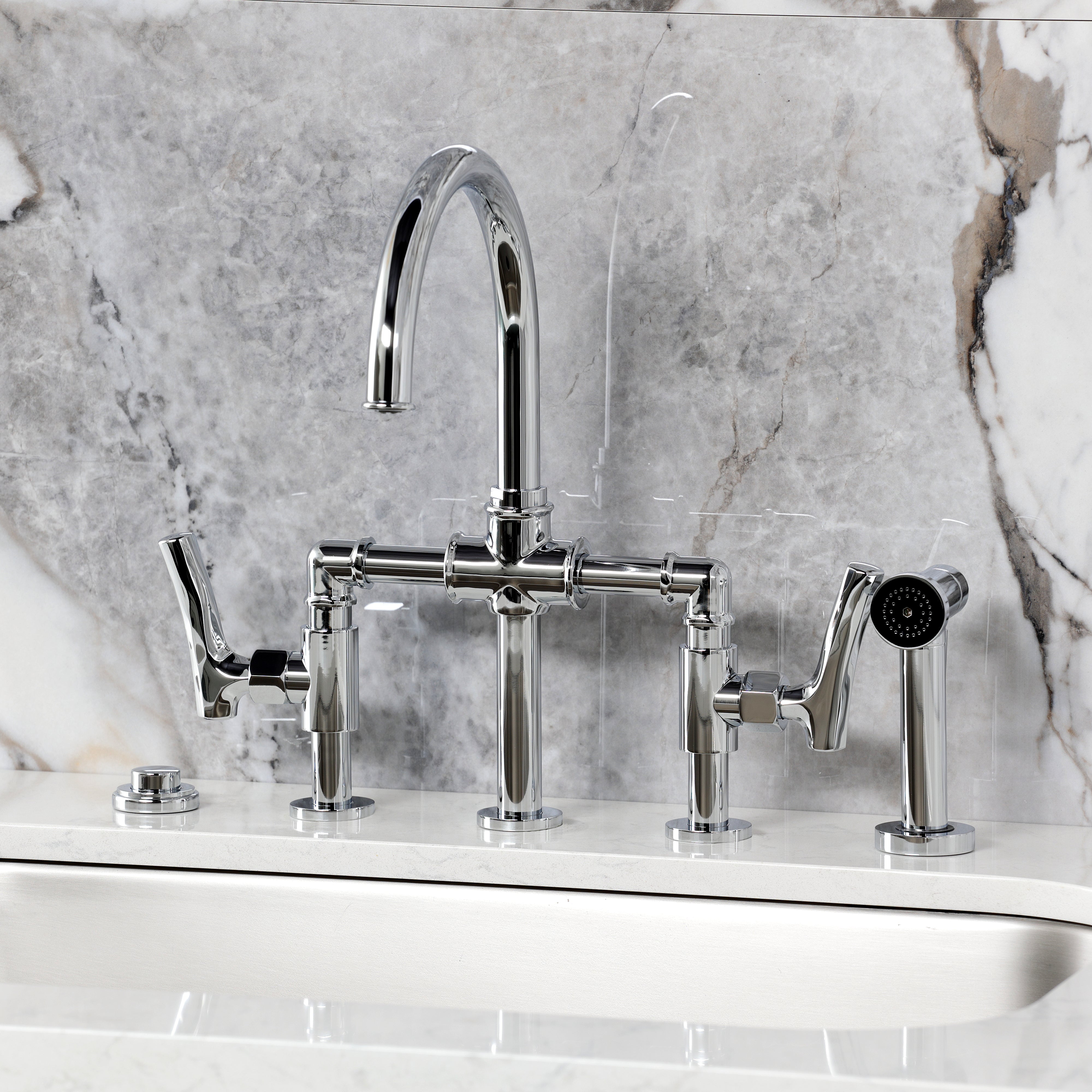 Kingston KS2333TKL Hallerbos Bridge Kitchen Faucet with Brass Sprayer, Antique Brass on marble countertop.