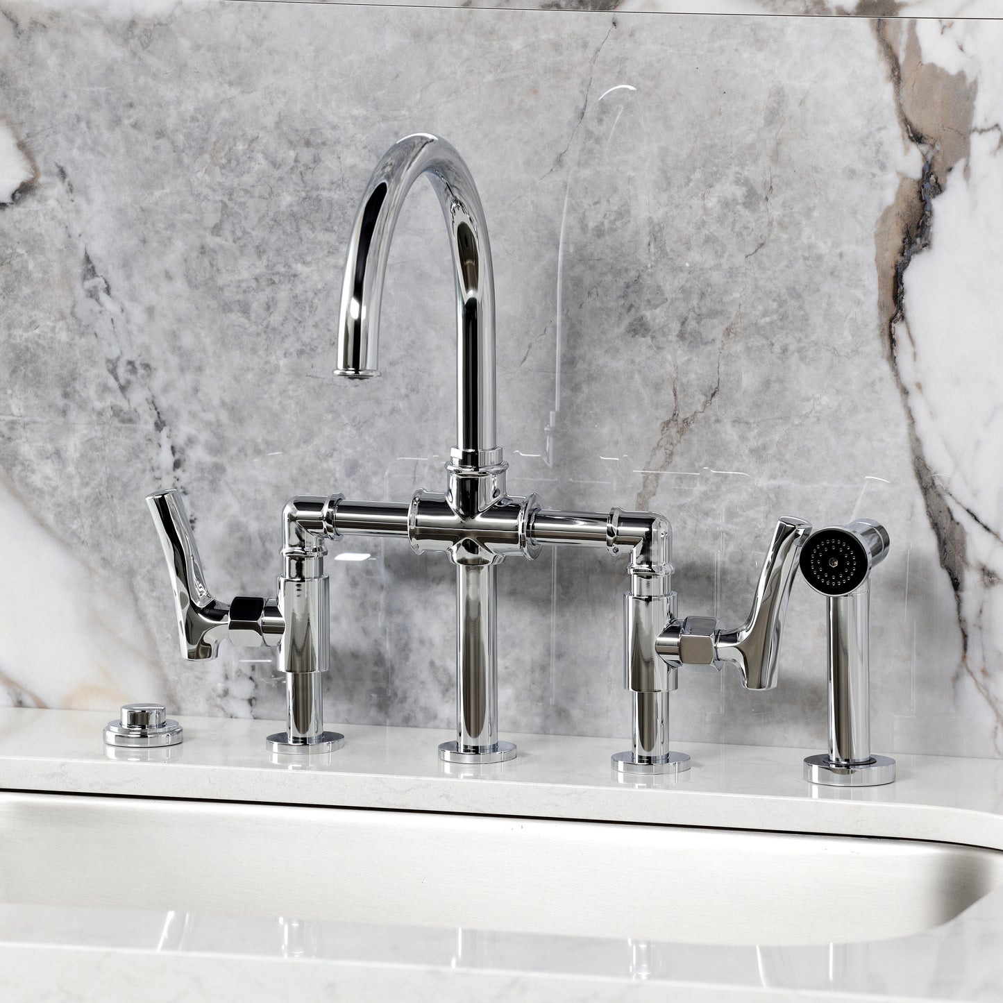 Kingston KS2333TKL Hallerbos Bridge Kitchen Faucet with Brass Sprayer, Antique Brass on marble countertop.