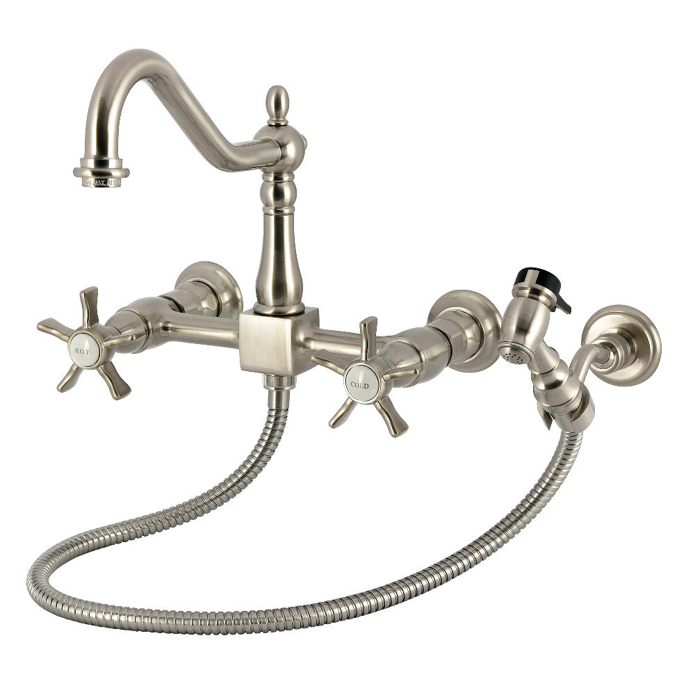 Kingston KS1243NXBS Hamilton Two-Handle Wall Mount Bridge Kitchen Faucet with Brass Sprayer, Antique Brass in Brushed Nickel finish