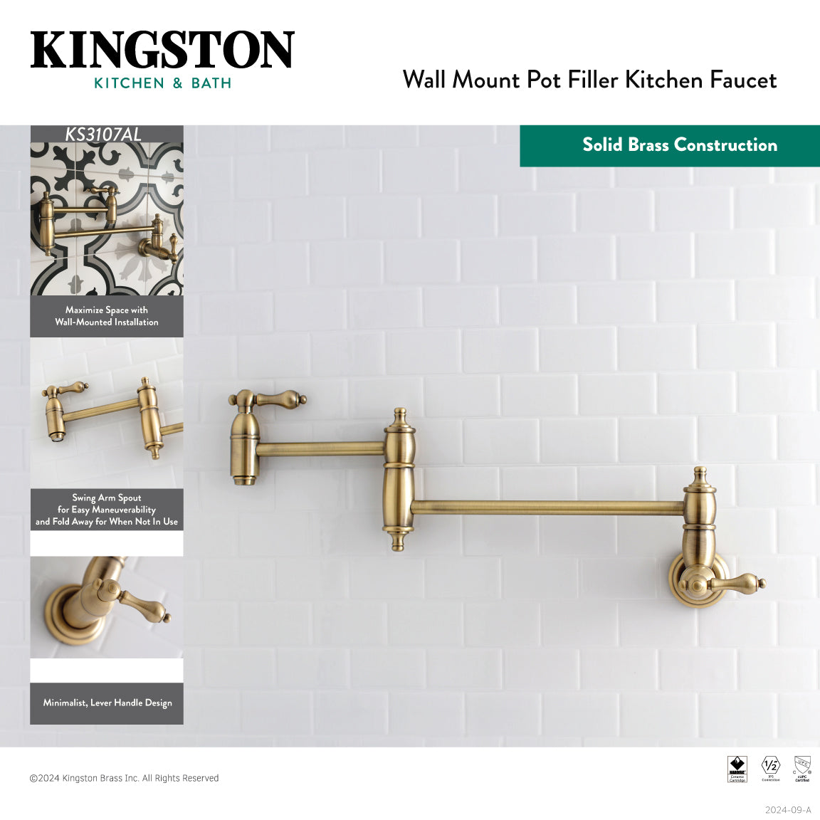 Kingston Brass KS3103AL Restoration Wall Mount Pot Filler Faucet, Antique Brass with solid brass construction.