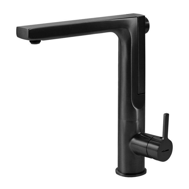 HOUZER ASCEND Matte Black Integrated Single Handle Pull-Up Kitchen Faucet showcasing modern design and innovative functionality.