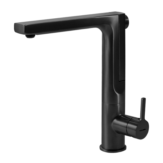 HOUZER ASCEND Matte Black Integrated Single Handle Pull-Up Kitchen Faucet showcasing modern design and innovative functionality.