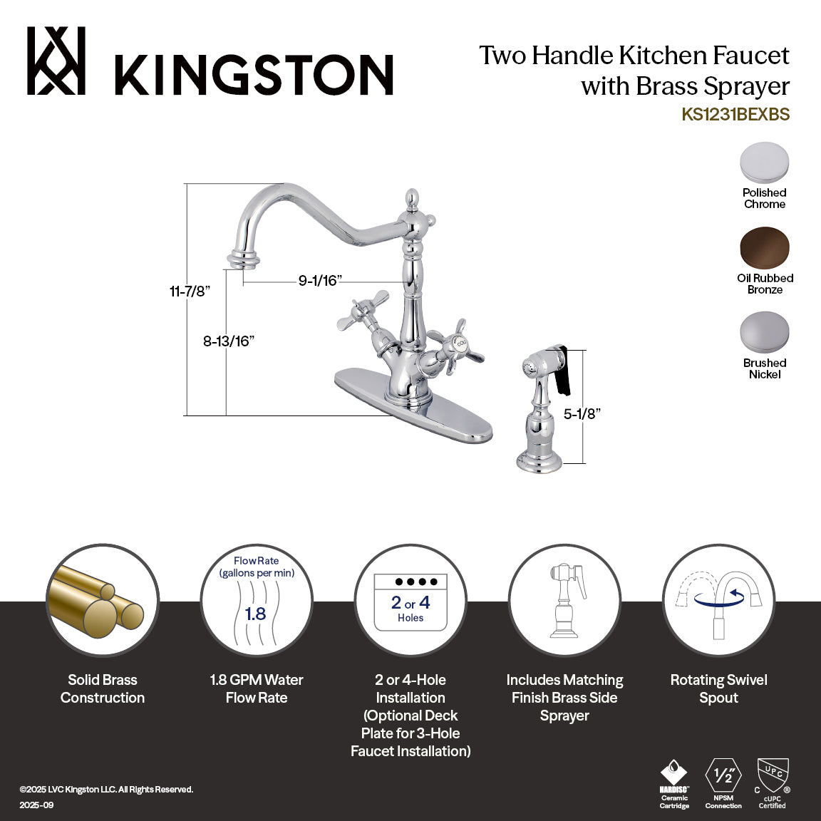 Kingston KS1238BEXBS Essex Two-Handle Kitchen Faucet with Brass Sprayer, Brushed Nickel image showcasing its elegant design.