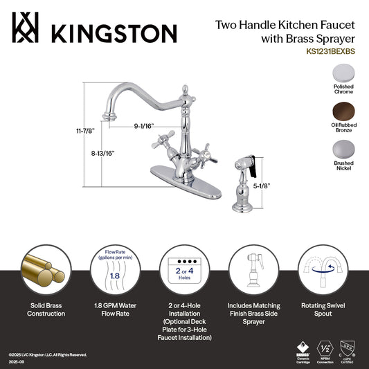 Kingston KS1238BEXBS Essex Two-Handle Kitchen Faucet with Brass Sprayer, Brushed Nickel image showcasing its elegant design.
