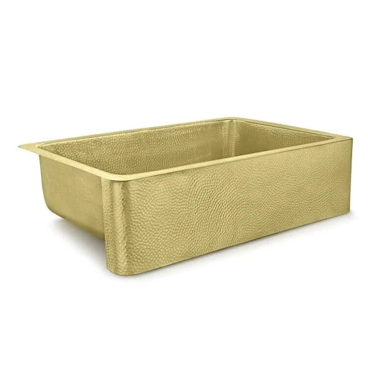 Thompson Quiroga 33" Hammered Semi-Satin Brass Farmhouse Kitchen Sink - KSA-3322HPB with a hand-hammered finish.