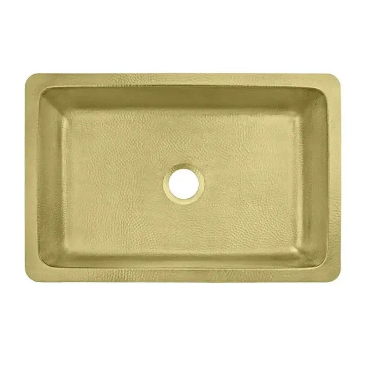 Thompson Quiroga 33" Hammered Semi-Satin Brass Farmhouse Kitchen Sink - KSA-3322HPB top view of hand-hammered brass finish.