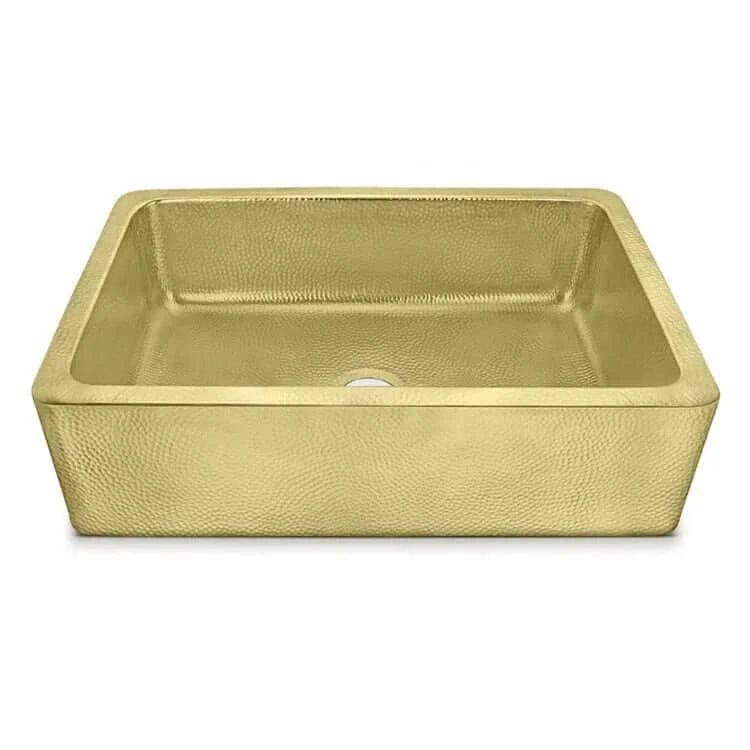 Thompson Quiroga 33" Hammered Semi-Satin Brass Farmhouse Kitchen Sink - KSA-3322HPB showing its elegant hammered brass finish.