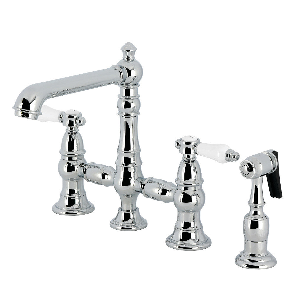 Kingston KS7277BPLBS Bel-Air Bridge Kitchen Faucet with Brass Sprayer, Brushed Brass in polished chrome finish.