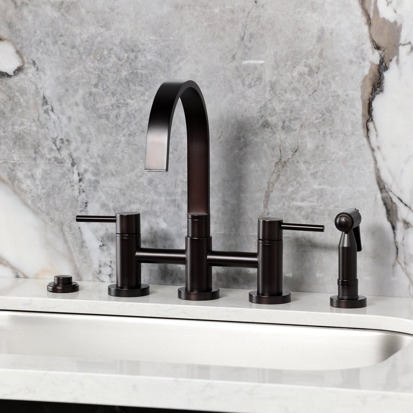 Kingston KS8267DLBS Concord Bridge Kitchen Faucet with Brass Sprayer, Brushed Brass installed in a modern kitchen