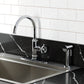 Kingston Brass KSD2433RNK Levante Single-Handle Kitchen Faucet, Antique Brass with side spray in a modern kitchen setting.